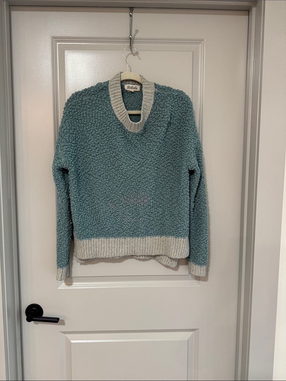 Listicle Teal Popcorn Knit Sweater with Cream Trim